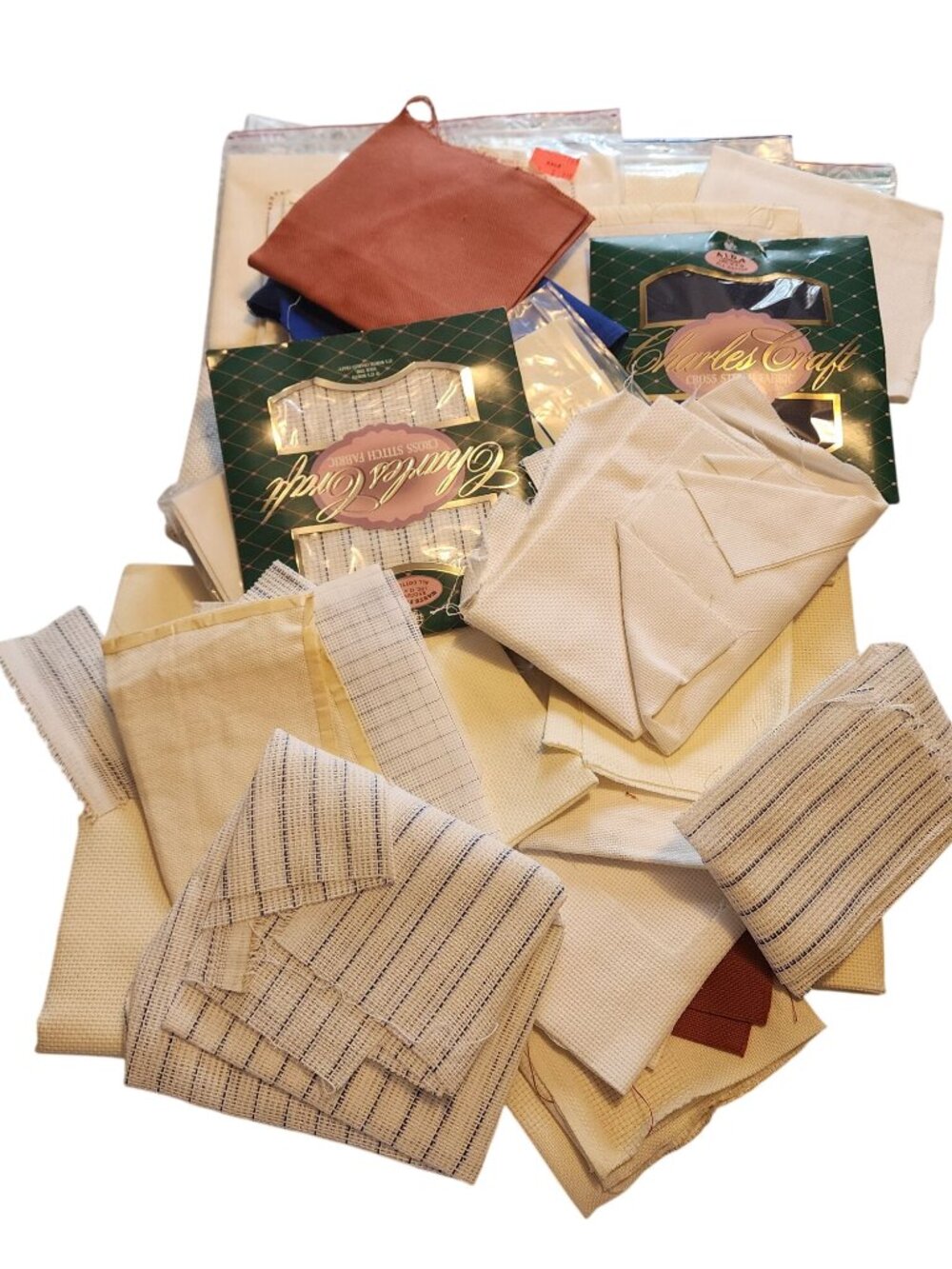 Large Assortment Of Cross Stitch Fabric Some New Some Started AS IS LOT